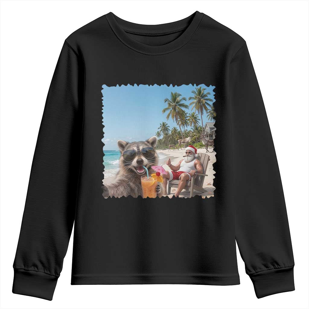 Christmas In July Raccoon And Santa Youth Sweatshirt Tropical Summer Vacation Graphic TS12 Black Print Your Wear
