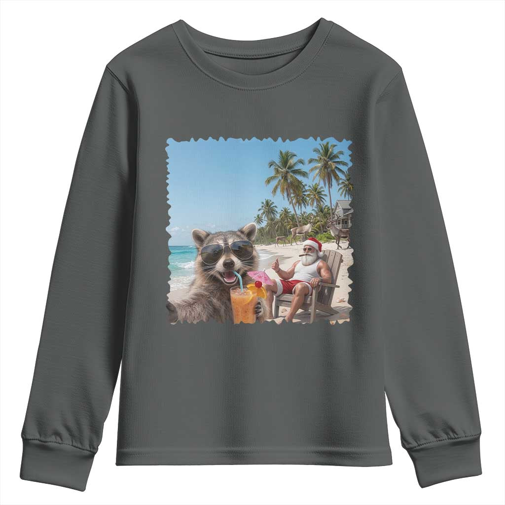 Christmas In July Raccoon And Santa Youth Sweatshirt Tropical Summer Vacation Graphic TS12 Dark Heather Print Your Wear