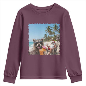 Christmas In July Raccoon And Santa Youth Sweatshirt Tropical Summer Vacation Graphic TS12 Maroon Print Your Wear