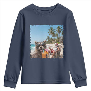 Christmas In July Raccoon And Santa Youth Sweatshirt Tropical Summer Vacation Graphic TS12 Navy Print Your Wear
