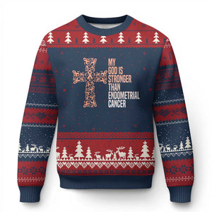 Religious Endometrial Cancer Awareness Ugly Christmas Sweater My God Is Stronger Than Cancer