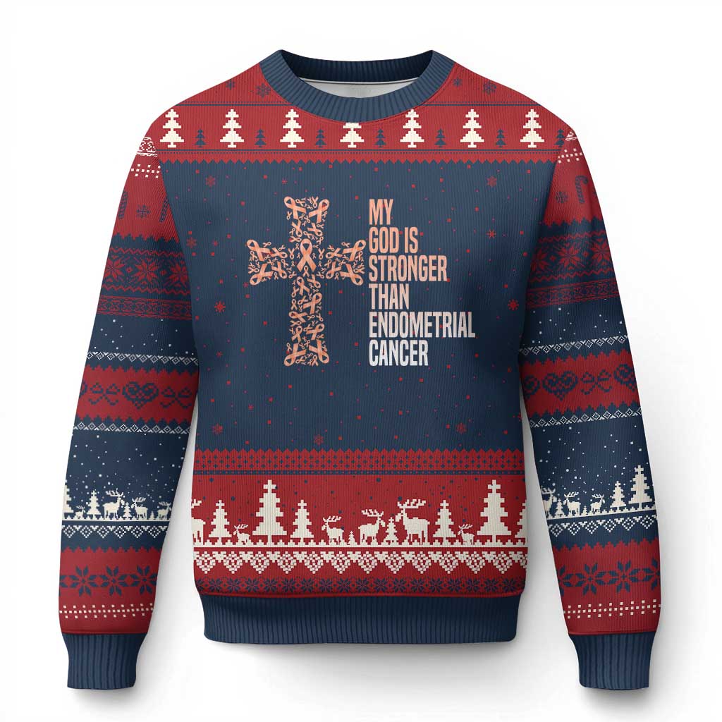 Religious Endometrial Cancer Awareness Ugly Christmas Sweater My God Is Stronger Than Cancer TS12 Navy Red Print Your Wear