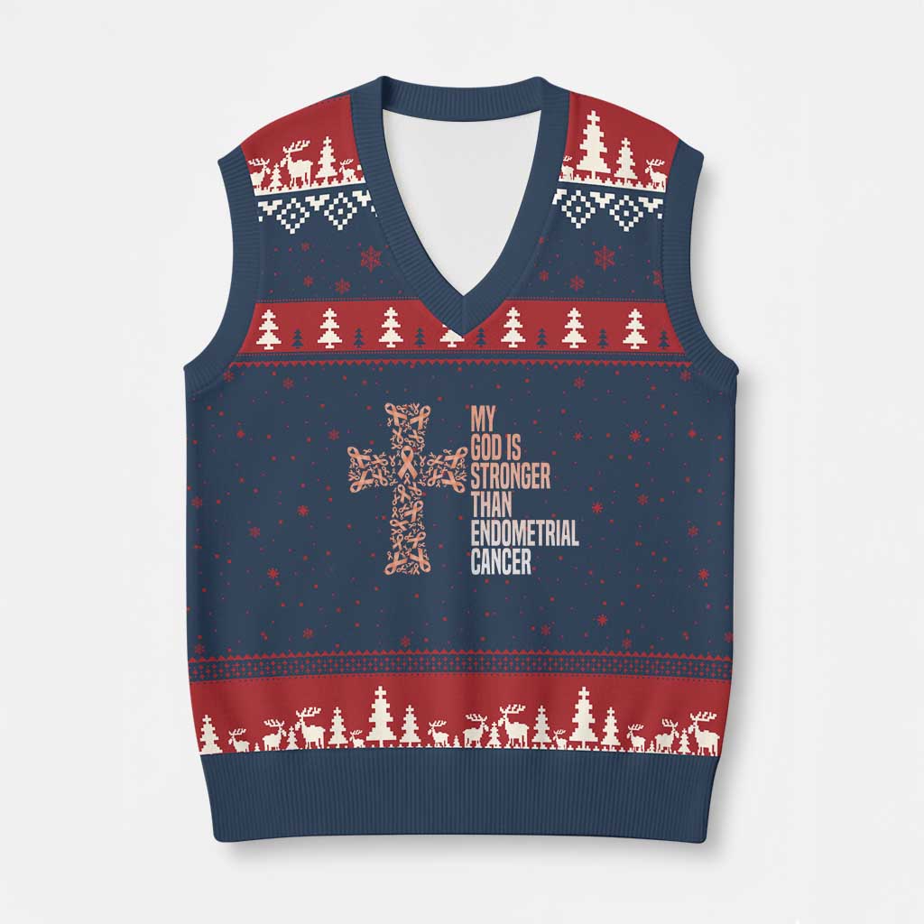 Religious Endometrial Cancer Awareness V-Neck Knit Sweater Vest My God Is Stronger Than Cancer