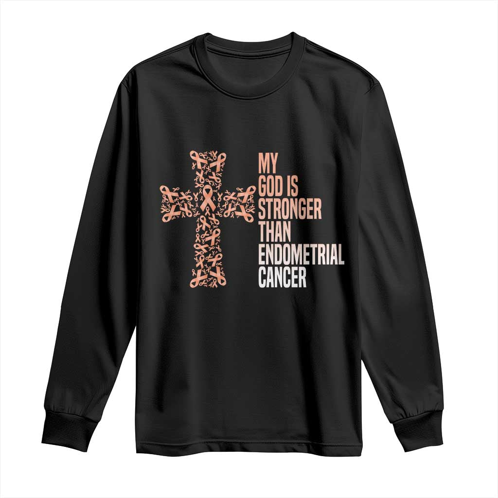 Religious Endometrial Cancer Awareness Long Sleeve Shirt My God Is Stronger Than Cancer TS12 Black Print Your Wear