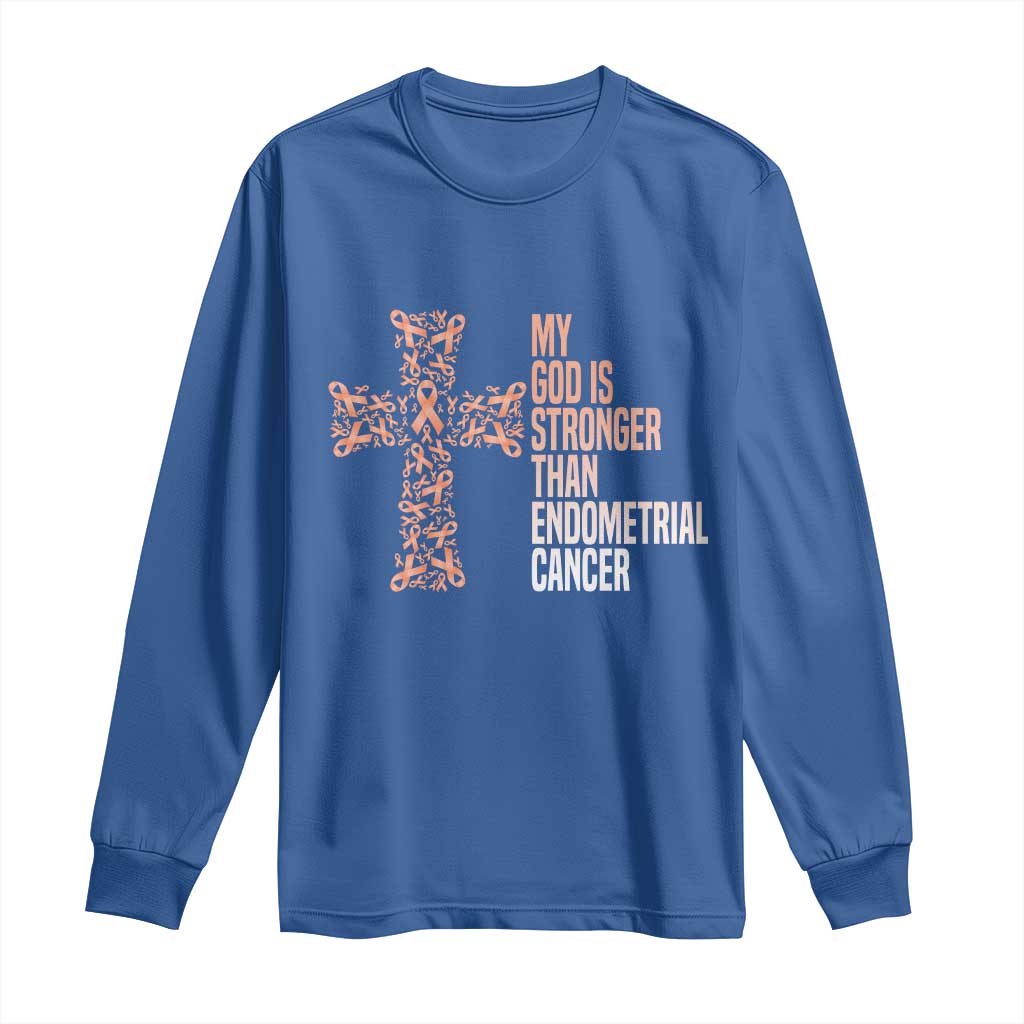 Religious Endometrial Cancer Awareness Long Sleeve Shirt My God Is Stronger Than Cancer
