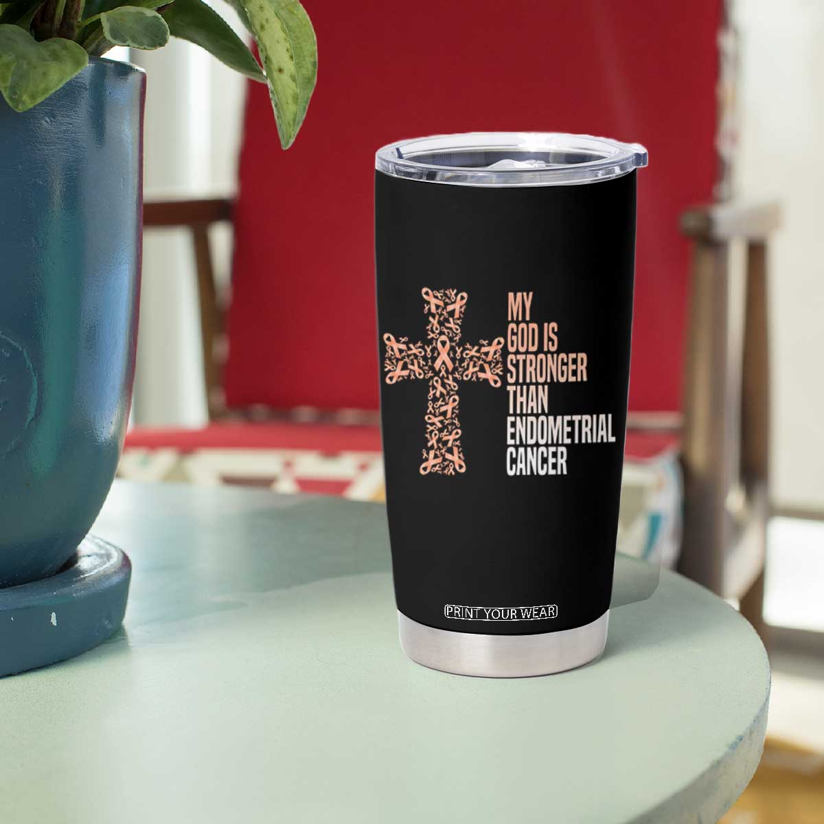 Religious Endometrial Cancer Awareness Tumbler Cup My God Is Stronger Than Cancer