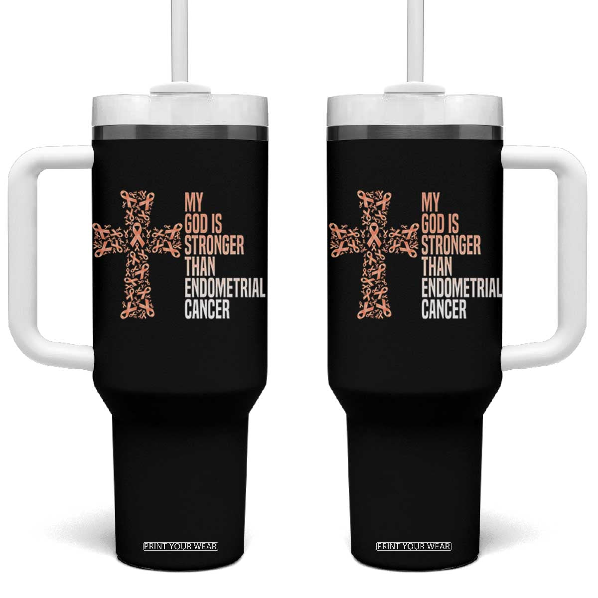 Religious Endometrial Cancer Awareness Tumbler With Handle My God Is Stronger Than Cancer