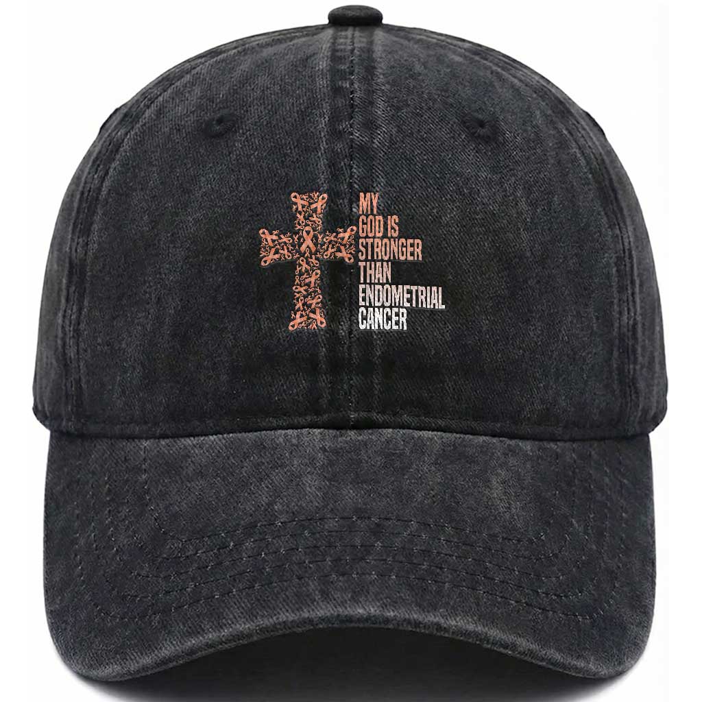 Religious Endometrial Cancer Awareness Washed Cotton Baseball Cap My God Is Stronger Than Cancer
