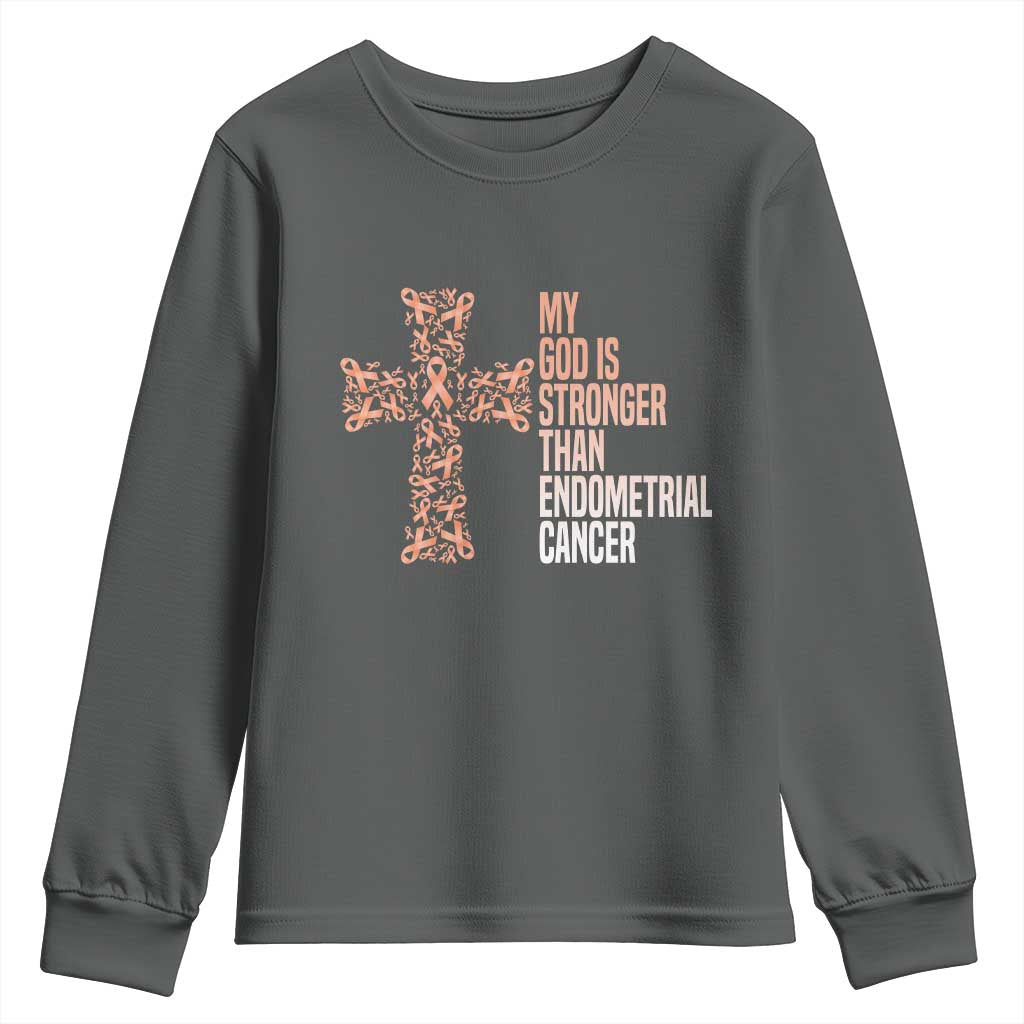 Religious Endometrial Cancer Awareness Youth Sweatshirt My God Is Stronger Than Cancer