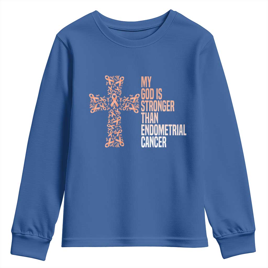 Religious Endometrial Cancer Awareness Youth Sweatshirt My God Is Stronger Than Cancer