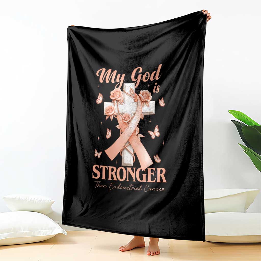 My God Is Stronger Than Endometrial Cancer Throw Blanket Christian Peach Ribbon