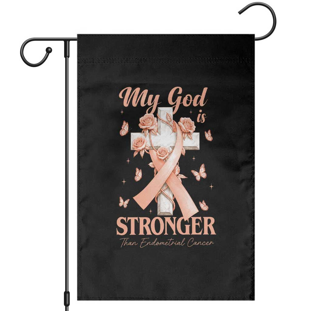 My God Is Stronger Than Endometrial Cancer Garden Flag Christian Peach Ribbon