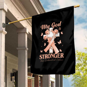 My God Is Stronger Than Endometrial Cancer Garden Flag Christian Peach Ribbon