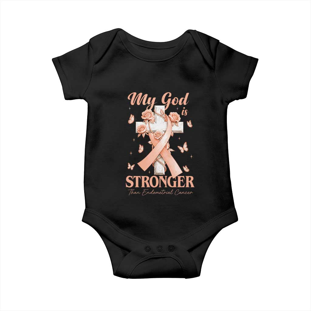 My God Is Stronger Than Endometrial Cancer Baby Onesie Christian Peach Ribbon TS12 Black Print Your Wear