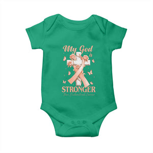 My God Is Stronger Than Endometrial Cancer Baby Onesie Christian Peach Ribbon