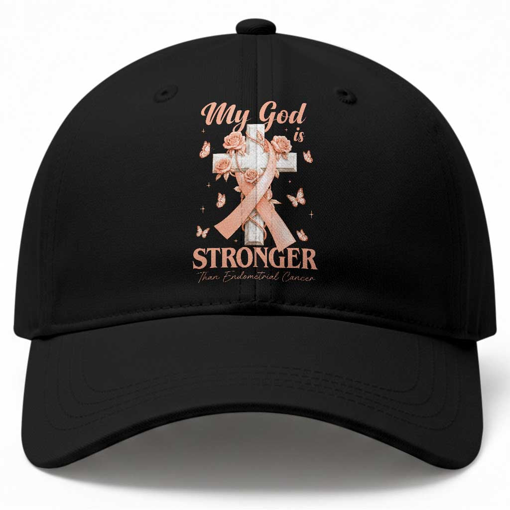 My God Is Stronger Than Endometrial Cancer Baseball Cap Christian Peach Ribbon