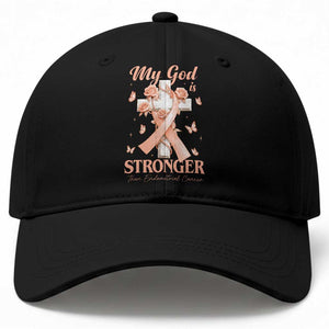 My God Is Stronger Than Endometrial Cancer Baseball Cap Christian Peach Ribbon