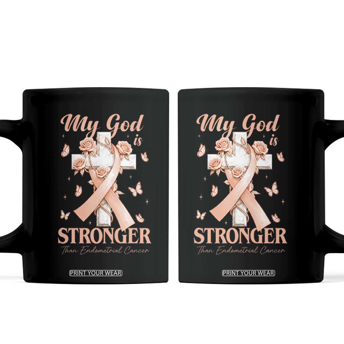 My God Is Stronger Than Endometrial Cancer Coffee Mug Christian Peach Ribbon