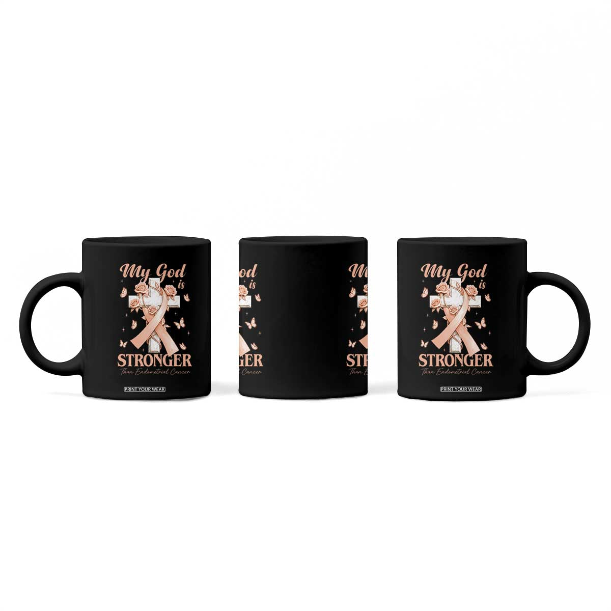 My God Is Stronger Than Endometrial Cancer Coffee Mug Christian Peach Ribbon