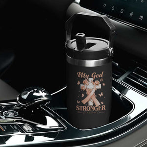 My God Is Stronger Than Endometrial Cancer Flip Straw Tumbler Christian Peach Ribbon