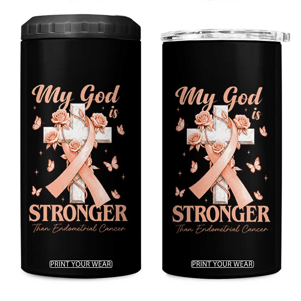 My God Is Stronger Than Endometrial Cancer 4 in 1 Can Cooler Tumbler Christian Peach Ribbon