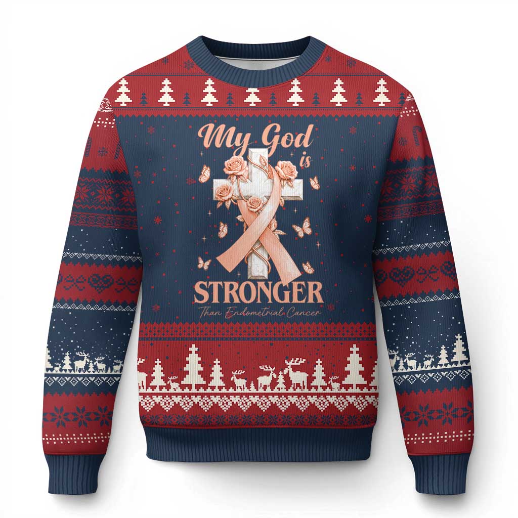 My God Is Stronger Than Endometrial Cancer Ugly Christmas Sweater Christian Peach Ribbon