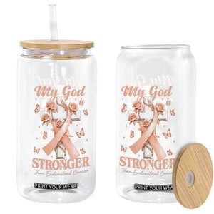 My God Is Stronger Than Endometrial Cancer Glass Can Christian Peach Ribbon
