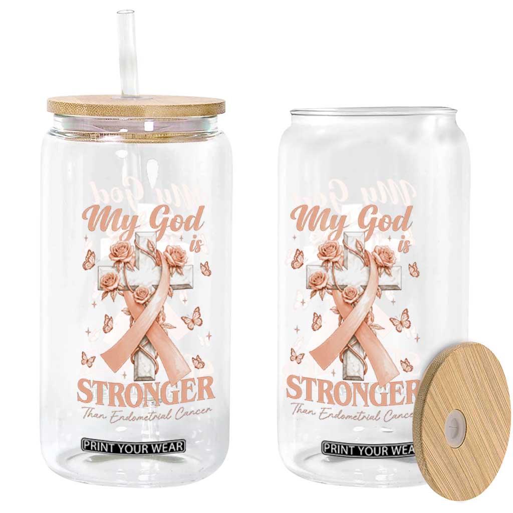 My God Is Stronger Than Endometrial Cancer Glass Can Christian Peach Ribbon