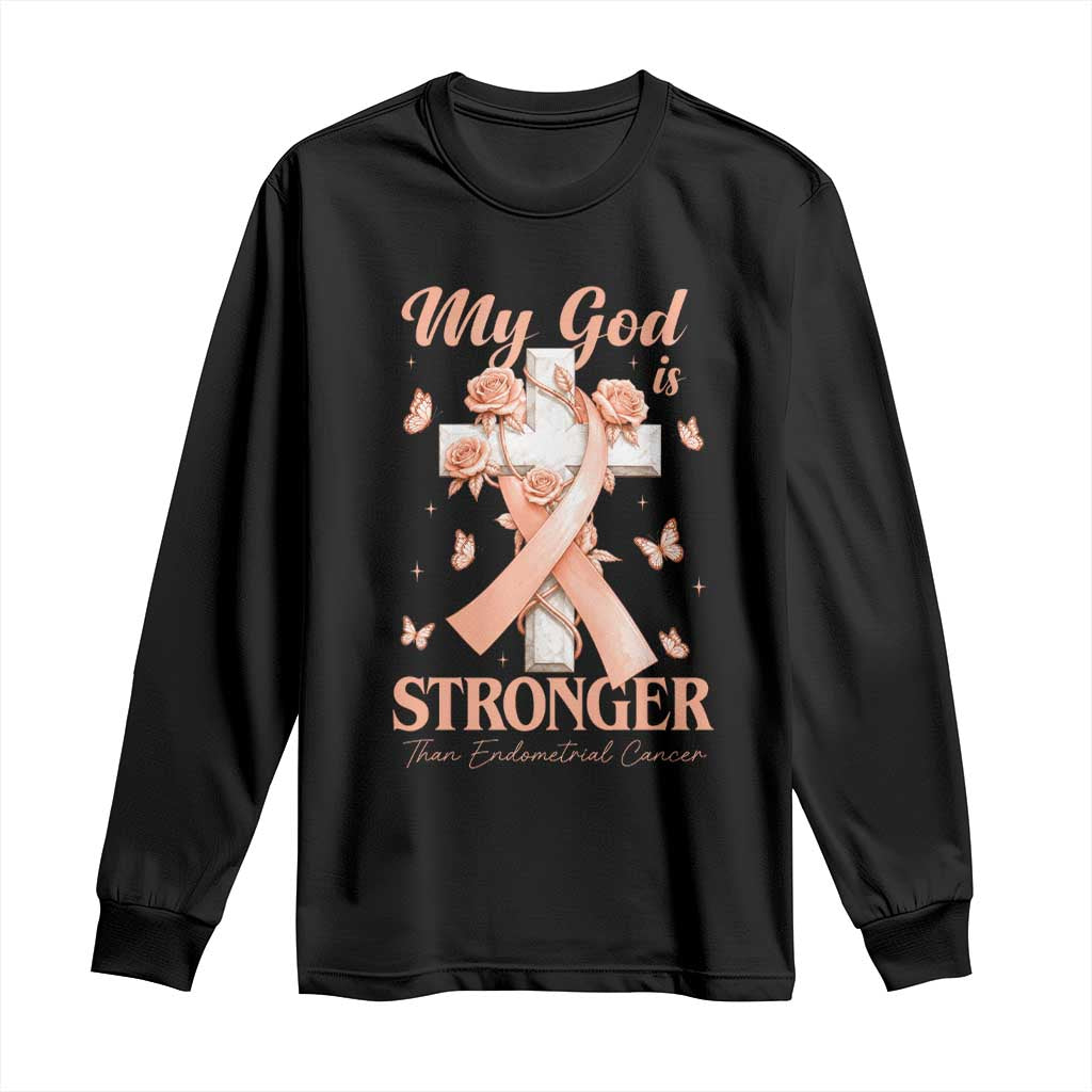 My God Is Stronger Than Endometrial Cancer Long Sleeve Shirt Christian Peach Ribbon