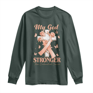 My God Is Stronger Than Endometrial Cancer Long Sleeve Shirt Christian Peach Ribbon