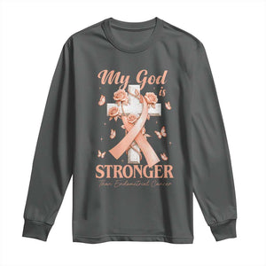 My God Is Stronger Than Endometrial Cancer Long Sleeve Shirt Christian Peach Ribbon