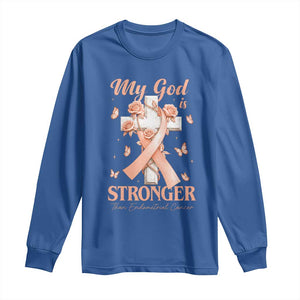 My God Is Stronger Than Endometrial Cancer Long Sleeve Shirt Christian Peach Ribbon
