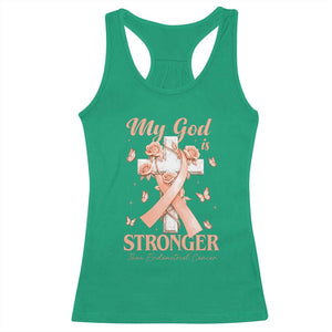 My God Is Stronger Than Endometrial Cancer Racerback Tank Top Christian Peach Ribbon