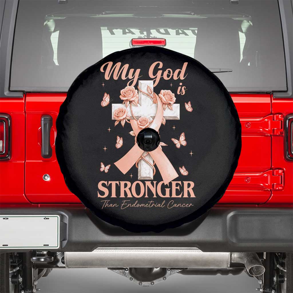 My God Is Stronger Than Endometrial Cancer Spare Tire Cover Christian Peach Ribbon