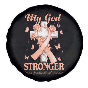 My God Is Stronger Than Endometrial Cancer Spare Tire Cover Christian Peach Ribbon