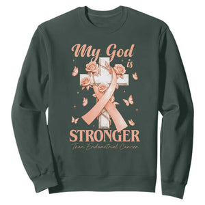 My God Is Stronger Than Endometrial Cancer Sweatshirt Christian Peach Ribbon