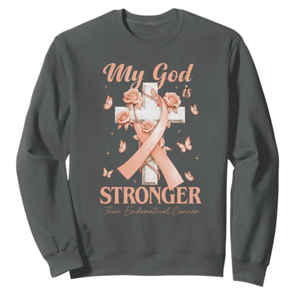 My God Is Stronger Than Endometrial Cancer Sweatshirt Christian Peach Ribbon