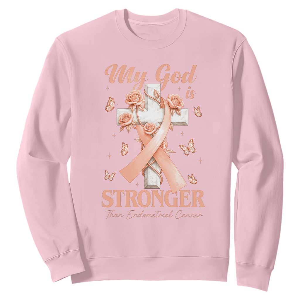 My God Is Stronger Than Endometrial Cancer Sweatshirt Christian Peach Ribbon