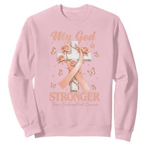 My God Is Stronger Than Endometrial Cancer Sweatshirt Christian Peach Ribbon