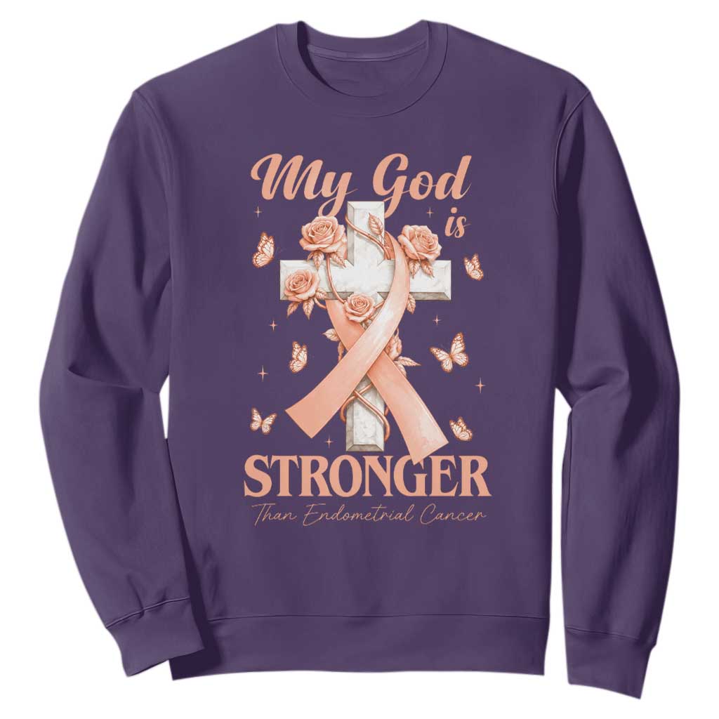 My God Is Stronger Than Endometrial Cancer Sweatshirt Christian Peach Ribbon