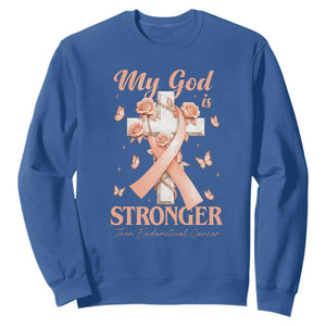 My God Is Stronger Than Endometrial Cancer Sweatshirt Christian Peach Ribbon