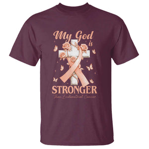 My God Is Stronger Than Endometrial Cancer T Shirt Christian Peach Ribbon