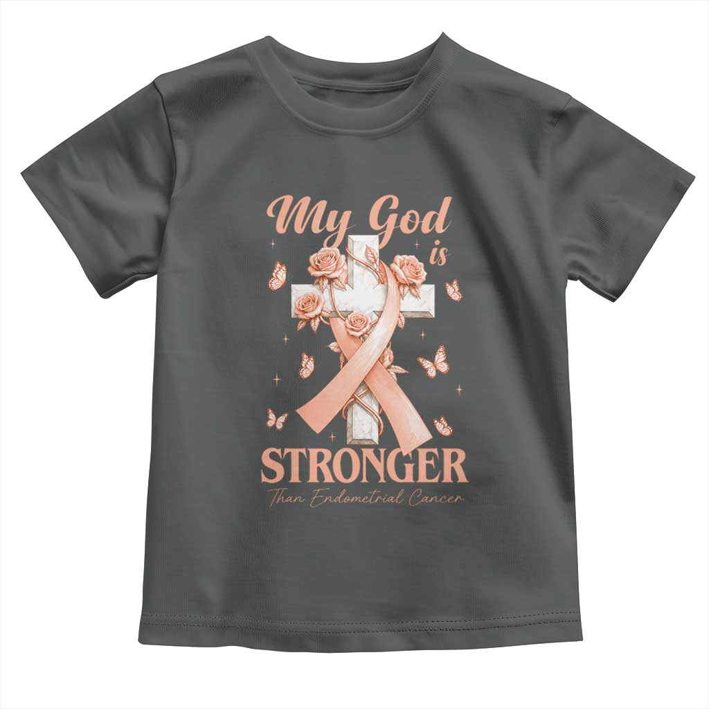 My God Is Stronger Than Endometrial Cancer Toddler T Shirt Christian Peach Ribbon
