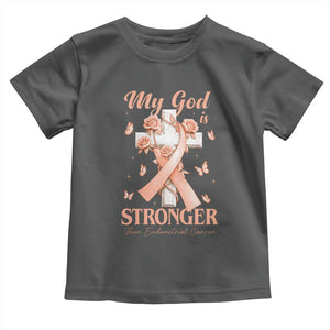 My God Is Stronger Than Endometrial Cancer Toddler T Shirt Christian Peach Ribbon
