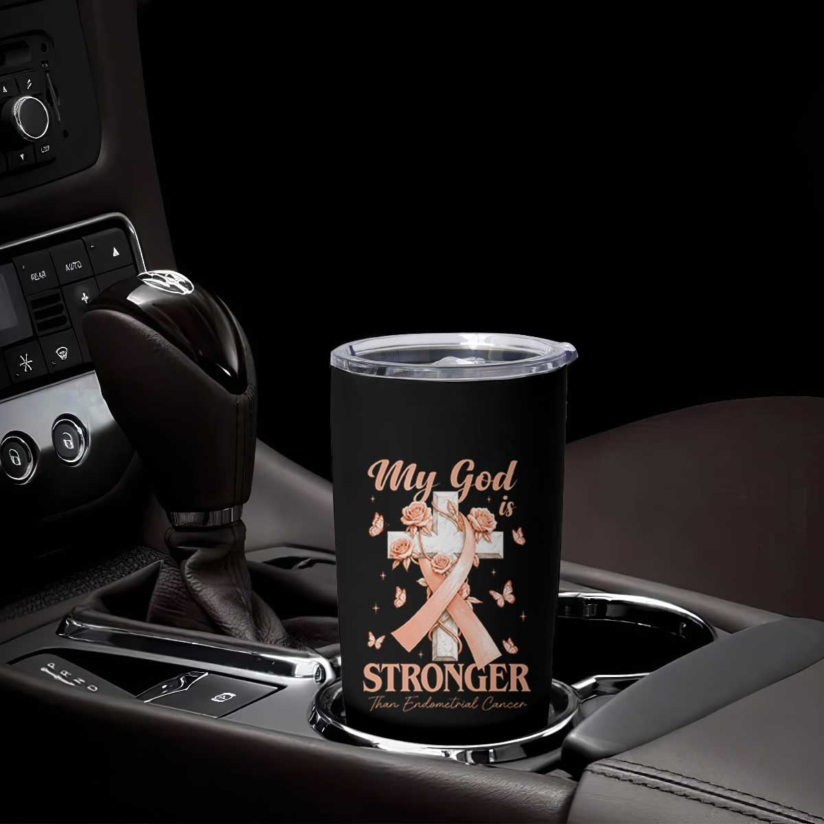 My God Is Stronger Than Endometrial Cancer Tumbler Cup Christian Peach Ribbon