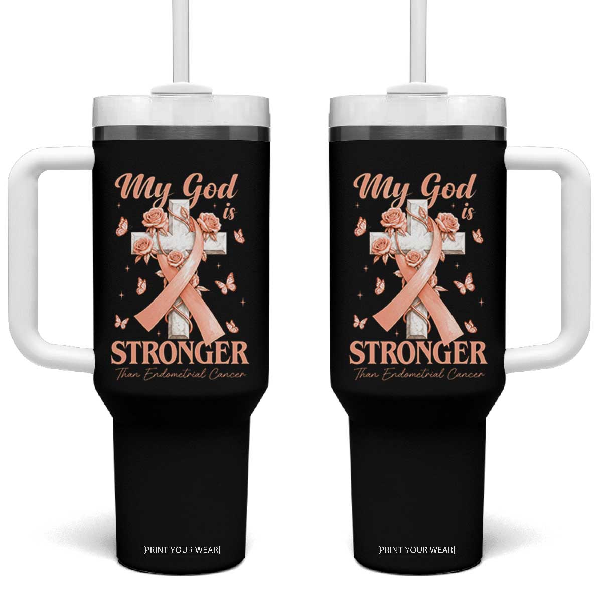 My God Is Stronger Than Endometrial Cancer Tumbler With Handle Christian Peach Ribbon