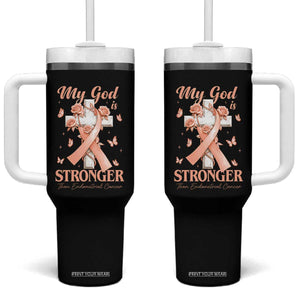 My God Is Stronger Than Endometrial Cancer Tumbler With Handle Christian Peach Ribbon