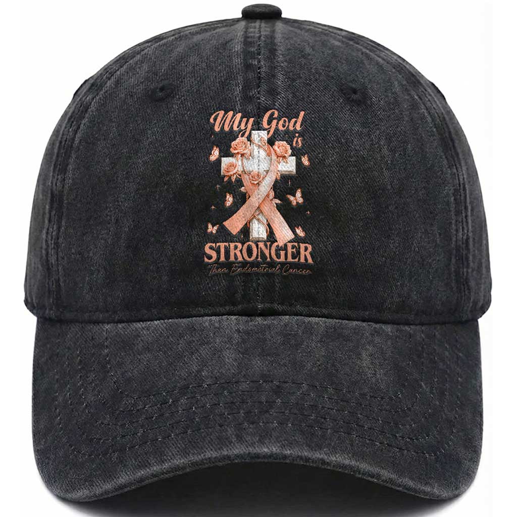 My God Is Stronger Than Endometrial Cancer Washed Cotton Baseball Cap Christian Peach Ribbon