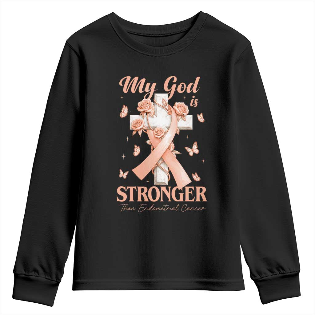 My God Is Stronger Than Endometrial Cancer Youth Sweatshirt Christian Peach Ribbon