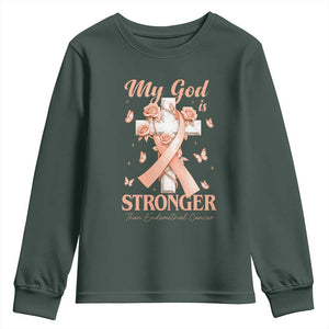 My God Is Stronger Than Endometrial Cancer Youth Sweatshirt Christian Peach Ribbon